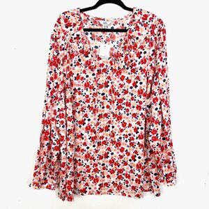 NWT Croft & Barrow Peach Red Navy Floral Ruffle Neck Long Sleeve Blouse 4X